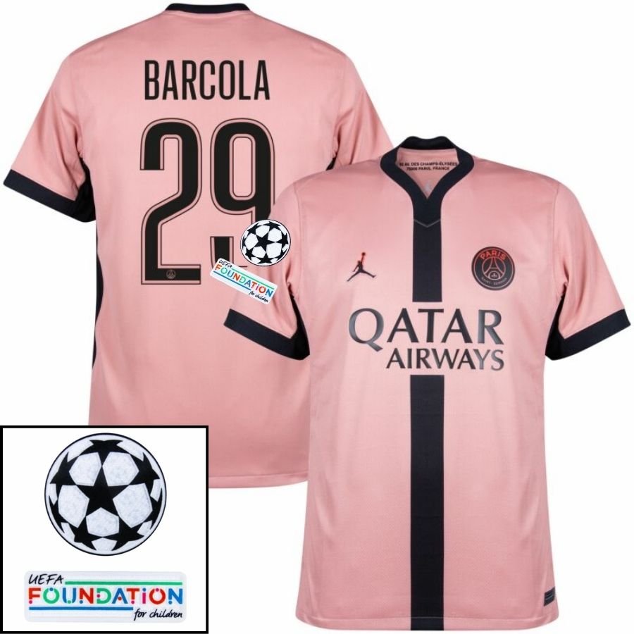 BRINDE-2025-03-06T191518.623 Paris Saint-Germain Barcola 29 Fan Jersey Third Jordan 2023/24 Patches UCL UEFA Foundation (Official Printing) - Image 1