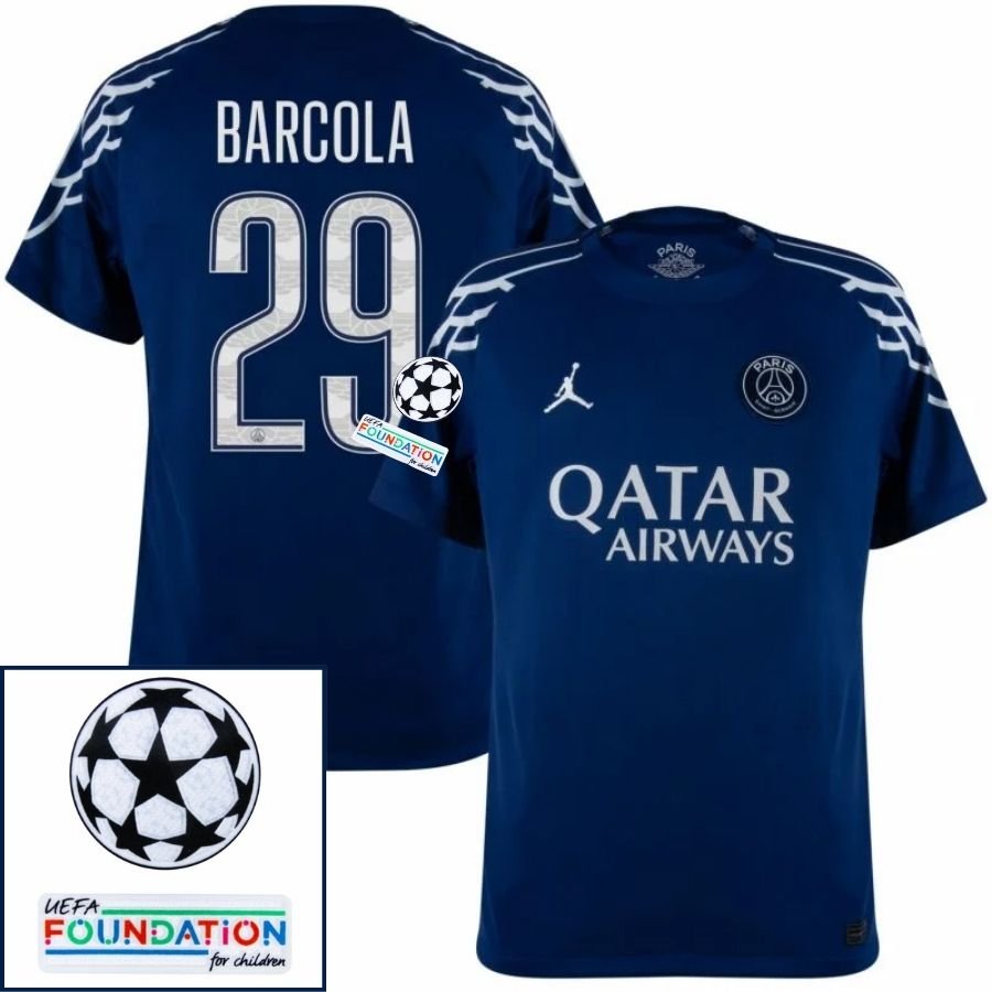 BRINDE-2025-03-06T192325.614 Paris Saint-Germain Barcola 29 Fan Jersey Fourth Jordan 2024/25 Patches UCL UEFA Foundation (Official Printing) - Image 1